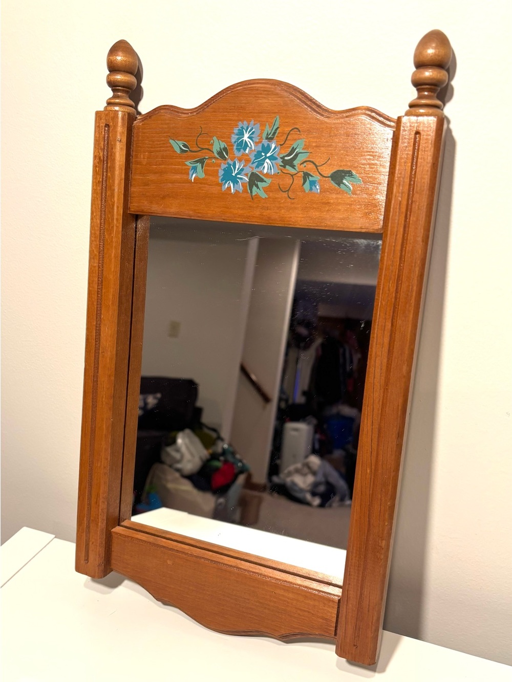 Vintage 1980s Wood Wall Mirror with Hand-Painted Floral Accent